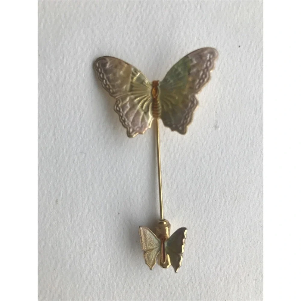 Frosted Pink, Green, Gold Butterfly Vintage Lapel Pin 70s Summer